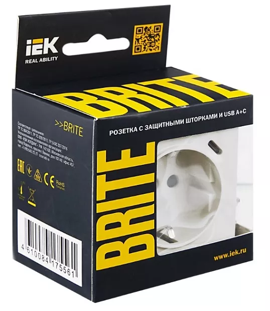 Розетка 1-я с/з со шторками USB (A+C 18Вт) жемчуг BRITE IEK