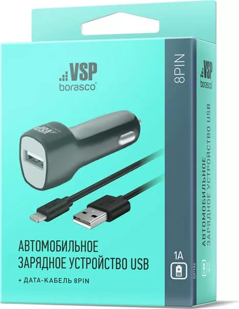 Автомобильное зарядное устройство USB, 1А+Дата- кабель,8pin,1м (0222)