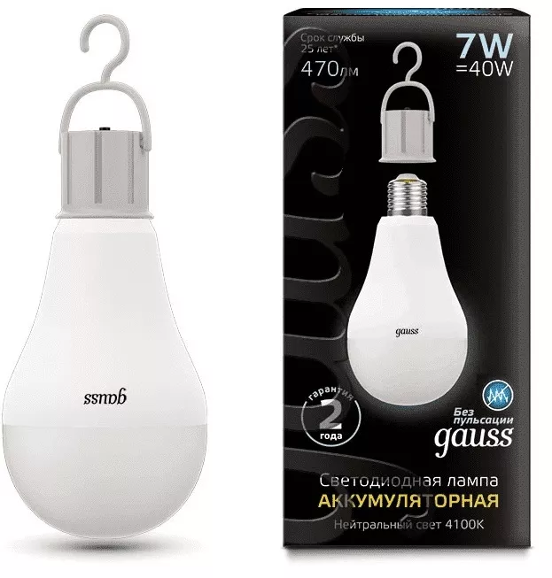 Лампа GAUSS LED A60  7W E27 4100K 470Lm с Li-Ion аккумулятором