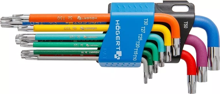 Набор Г-образных удлиненных ключей TORX с цветной маркировкой, Т10-Т50, 9 шт. HOEGERT