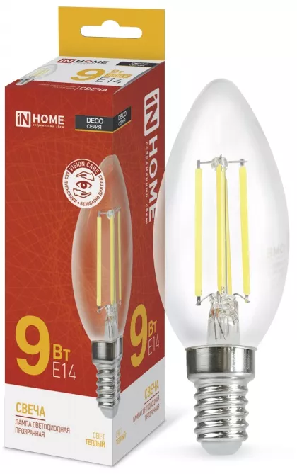 Лампа светодиодная LED-СВЕЧА-DECO 9Вт 230В Е14 3000К 1040Лм прозрачная IN HOME