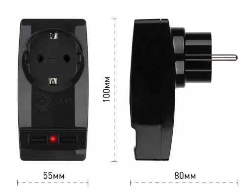 Разветвитель 1 гн. + 2xUSB с/з (Черный) SP-1e-USB-B ЭРА