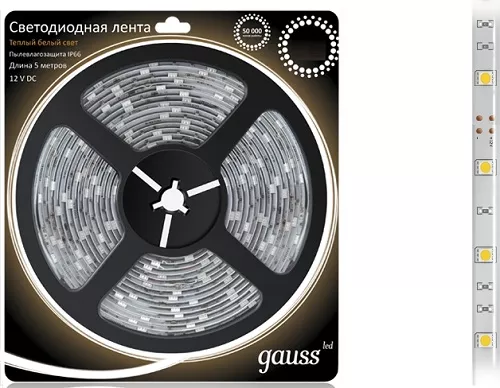 Лента LED 5050/60-SMD 72W  12V DC IP66 теплый белый (блистер 5м) GAUSS