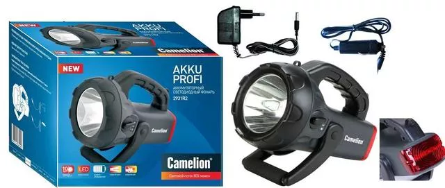 Фонарь Camelion 2931R2  (фонарь аккум 220В/12В, карбон,   10W  CREE LED, 4В 4А-ч, пластик, коробка)