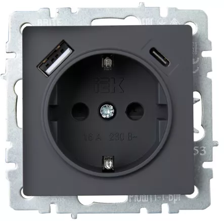 Розетка 1-я с/з со шторками USB (A+C 18Вт) графит BRITE IEK