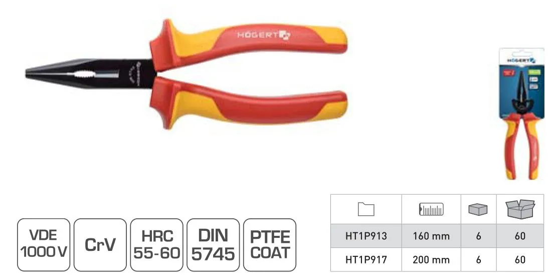 Длинногубцы прямые 160 мм, 1000V HOEGERT