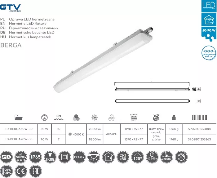 Светильник герметичный BERGA LED, 70Вт, 9800лм, PF>0,9, RA>80, дл. 1570мм 4000K IP65 GTV