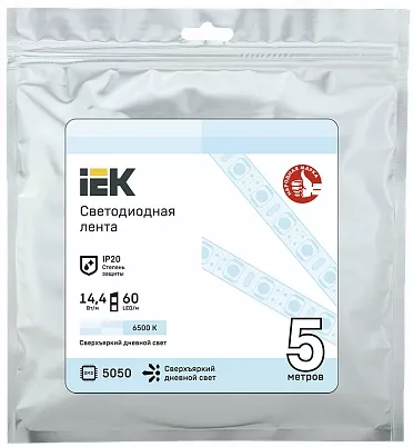 Лента 5м LSR-5050W60-14,4-IP20-12В 60LED/м 14,4Вт/м 6500K IEK
