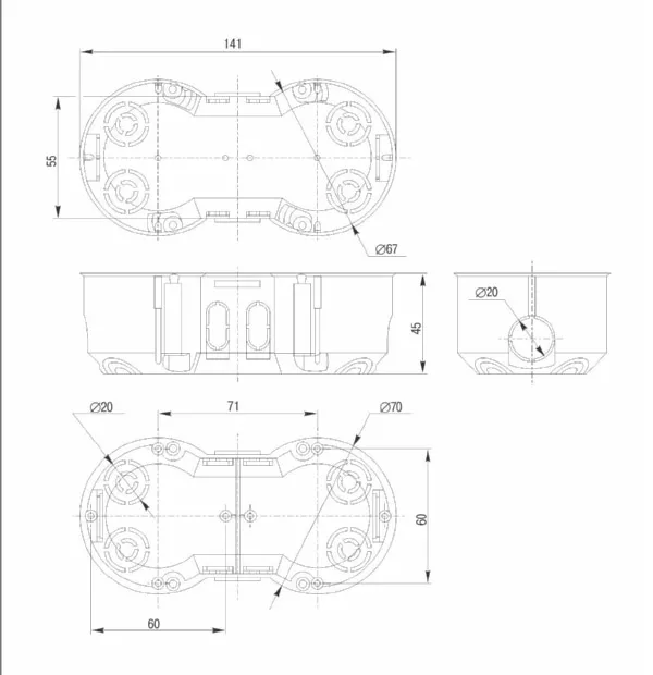 Коробка установ. для полых стен (2-я) 141х70х45 КМ40023 IEK
