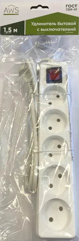 Удлинитель бытовой 5гн. 1,5м б/з с выкл. ПВС 2x0,75mm2 AWS-H05K-1,5
