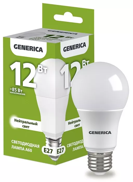 Лампа LED A60 E27 4000К 12Вт 1200Lm GENERICA