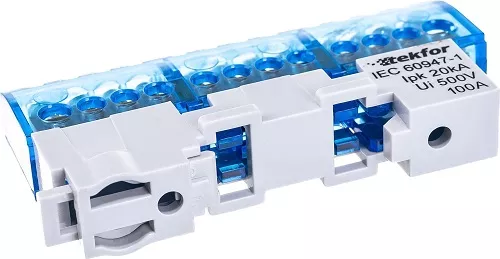 Шина изолированная KSN-6-6x9-12 BLUE сечение 6х9, 12 отв., крепление на DIN-рейку и поверхность, син