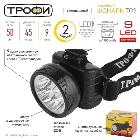 Фонарь налобный светодиодный Трофи TG9 аккумуляторный мощный яркий 2 режима черный