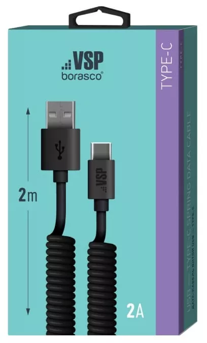 Дата-кабель USB-Type-C, 2А, 2м, витой, черный, Borasco