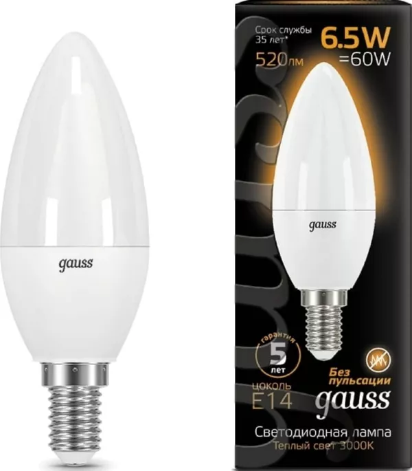 Лампа LED C35 E14 3000K 6.5Вт 520Лм GAUSS