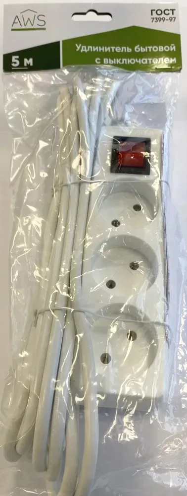 Удлинитель бытовой 3гн. 5м б/з с выкл. ПВС 2x0,75mm2 AWS-H03K-5 AWS