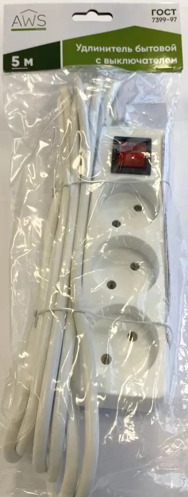 Удлинитель бытовой 3гн. 5м б/з с выкл. ПВС 2x0,75mm2 AWS-H03K-5 AWS