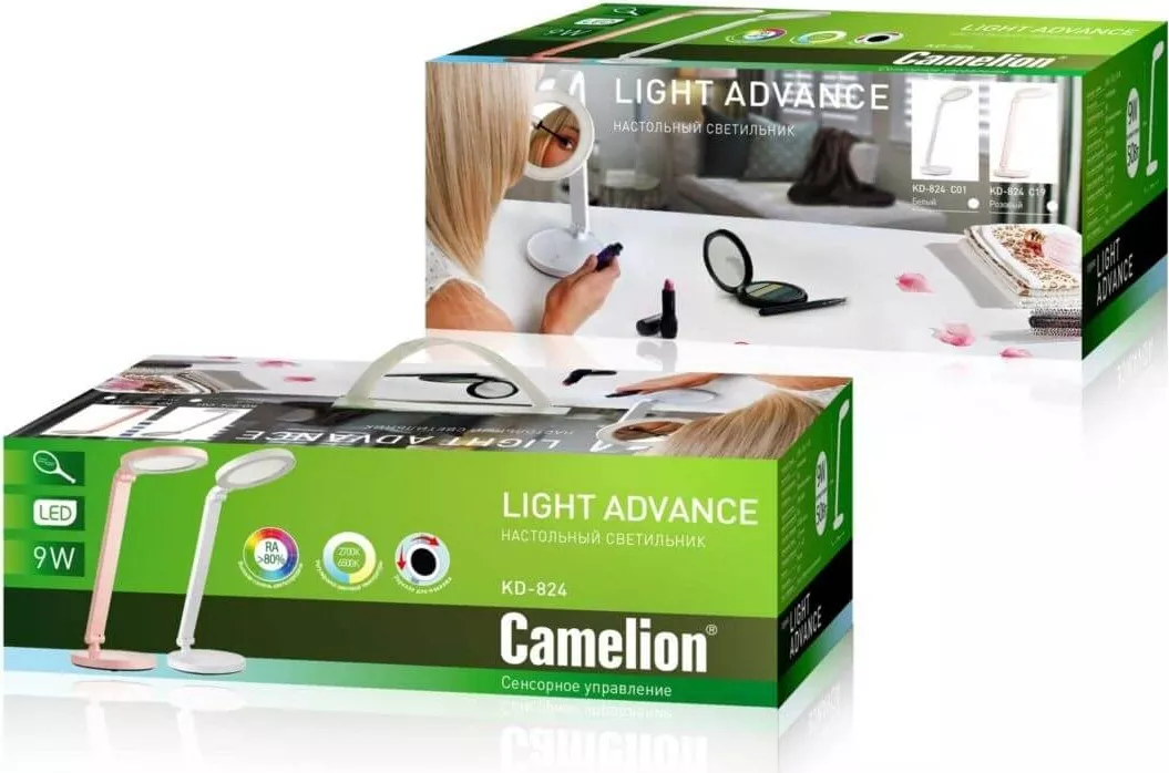 Светильник настольный Camelion KD-824  C01 белый LED (9 Вт,230В, сенс, рег.ярк и цвет.темп.,с зеркал
