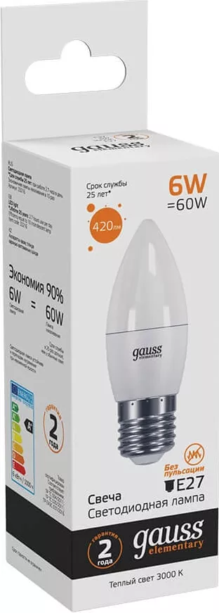 Лампа LED C35 E27 3000К 6Вт 420Лм Elementary Gauss