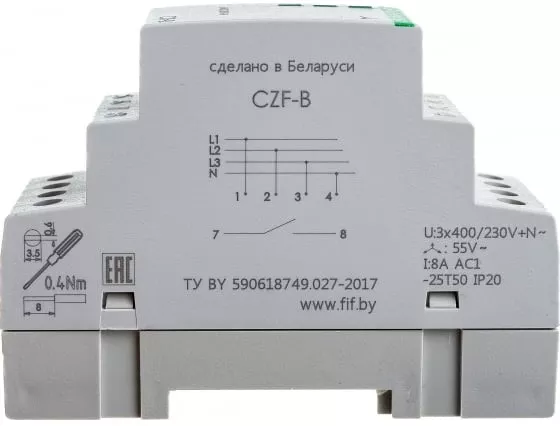 Реле контроля фаз и напряжения CZF-B (3ф, 10А, откл. 175В<) F&F