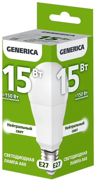 Лампа LED A60 груша 15Вт 230В 4000К E27 1500Lm GENERICA