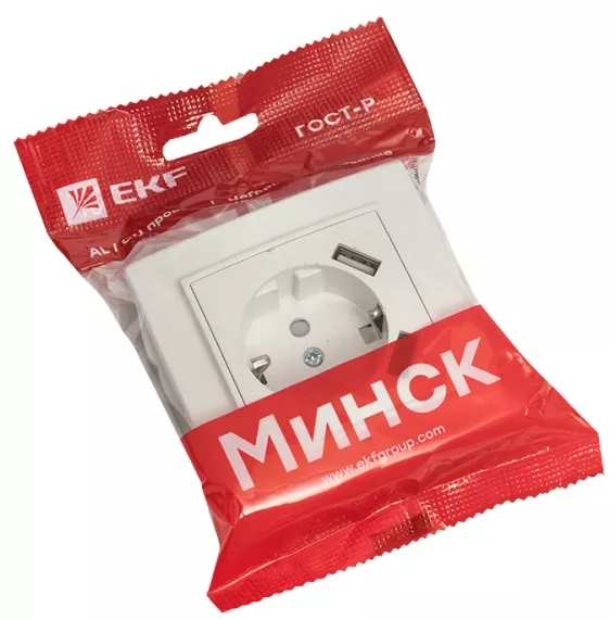 Розетка 1-я с/з со шторками USB (2-я тип А, 2,1А) Белый Минск EKF