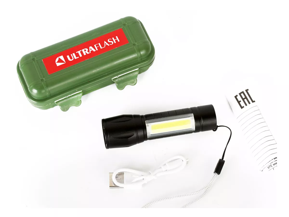Фонарь Ultraflash E1337 (фонарь аккум 3,7В, черный, XPE + COB LED, 3 Ватт, 3 реж., бокс)