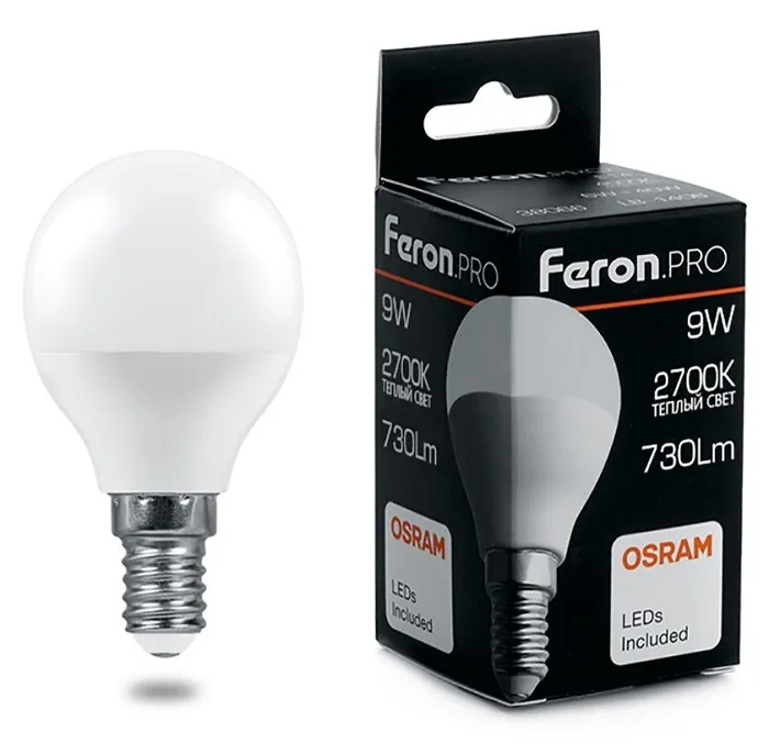 Лампа LED G45 E14 2700К 9Вт Feron