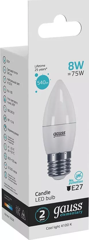 Лампа LED C35 E27 4100К 8Вт 540Лм Elementary Gauss