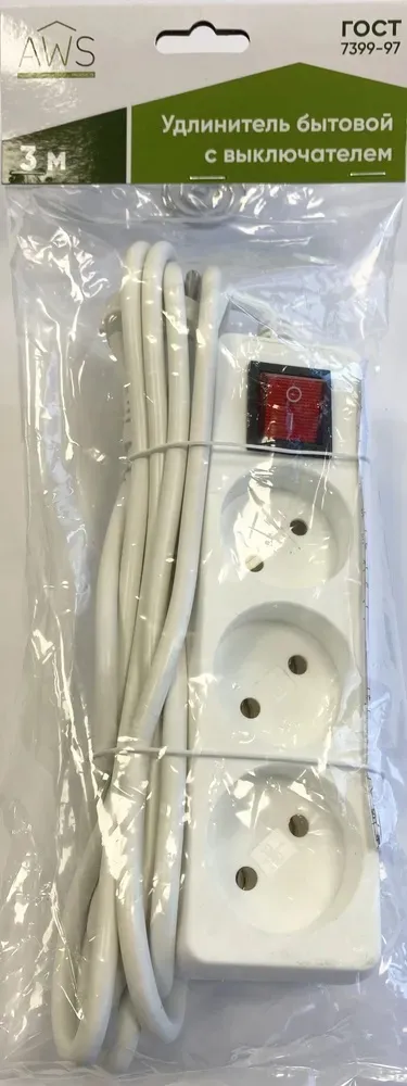 Удлинитель бытовой 3гн. 3м б/з с выкл. ПВС 2x0,75mm2 AWS-H03K-3 AWS