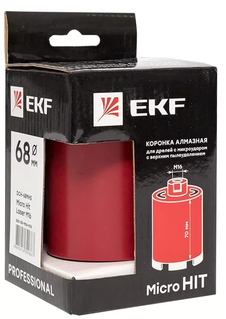 Коронка алмазная по бетону 68 мм М16 EKF микроудар, верх/пыл