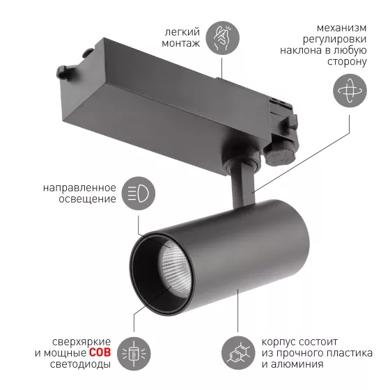 Трековый светильник трехфазный SТR-30-36-30K-B20 узкий луч 3000K черный ЭРА