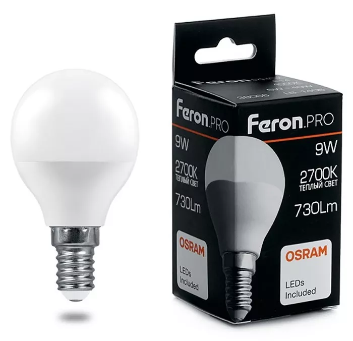Лампа LED G45 E14 2700К 9Вт Feron
