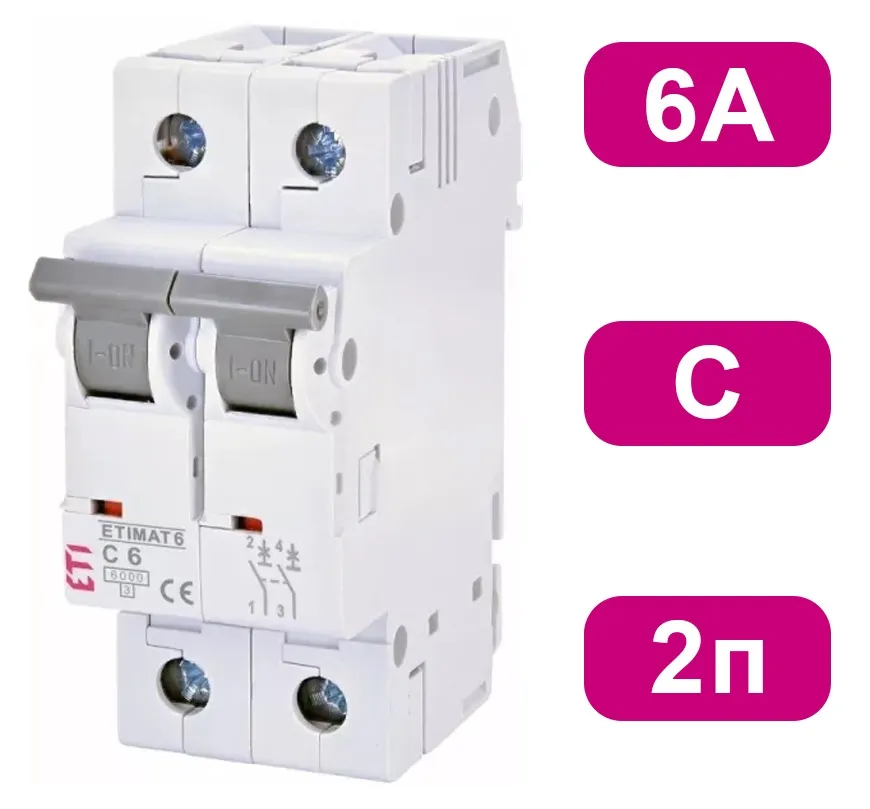 Автоматический выключатель ETIMAT6 C6/2 6кA ETI