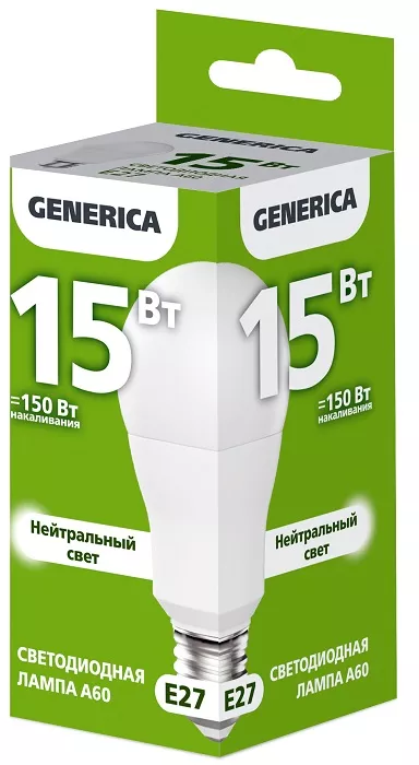 Лампа LED A60 груша 15Вт 230В 4000К E27 1500Lm GENERICA