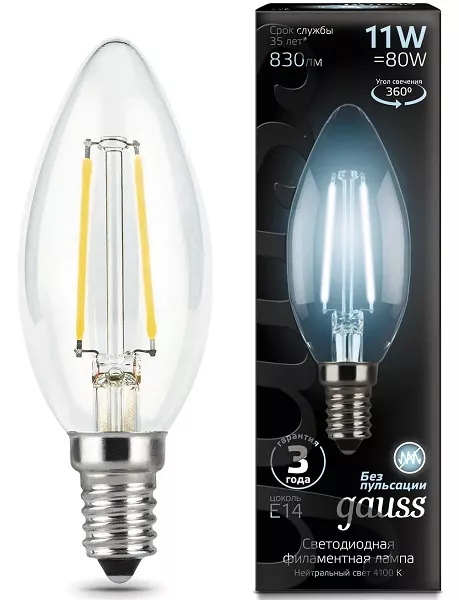 Лампа LED C35 E14 4100К 11Вт 750Лм Filament Gauss