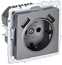 Розетка 1-я с/з со шторками USB (A+A 5В 2,1А) сталь BRITE IEK