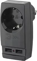 Разветвитель 1 гн. + 2xUSB с/з (Черный) SP-1e-USB-B ЭРА